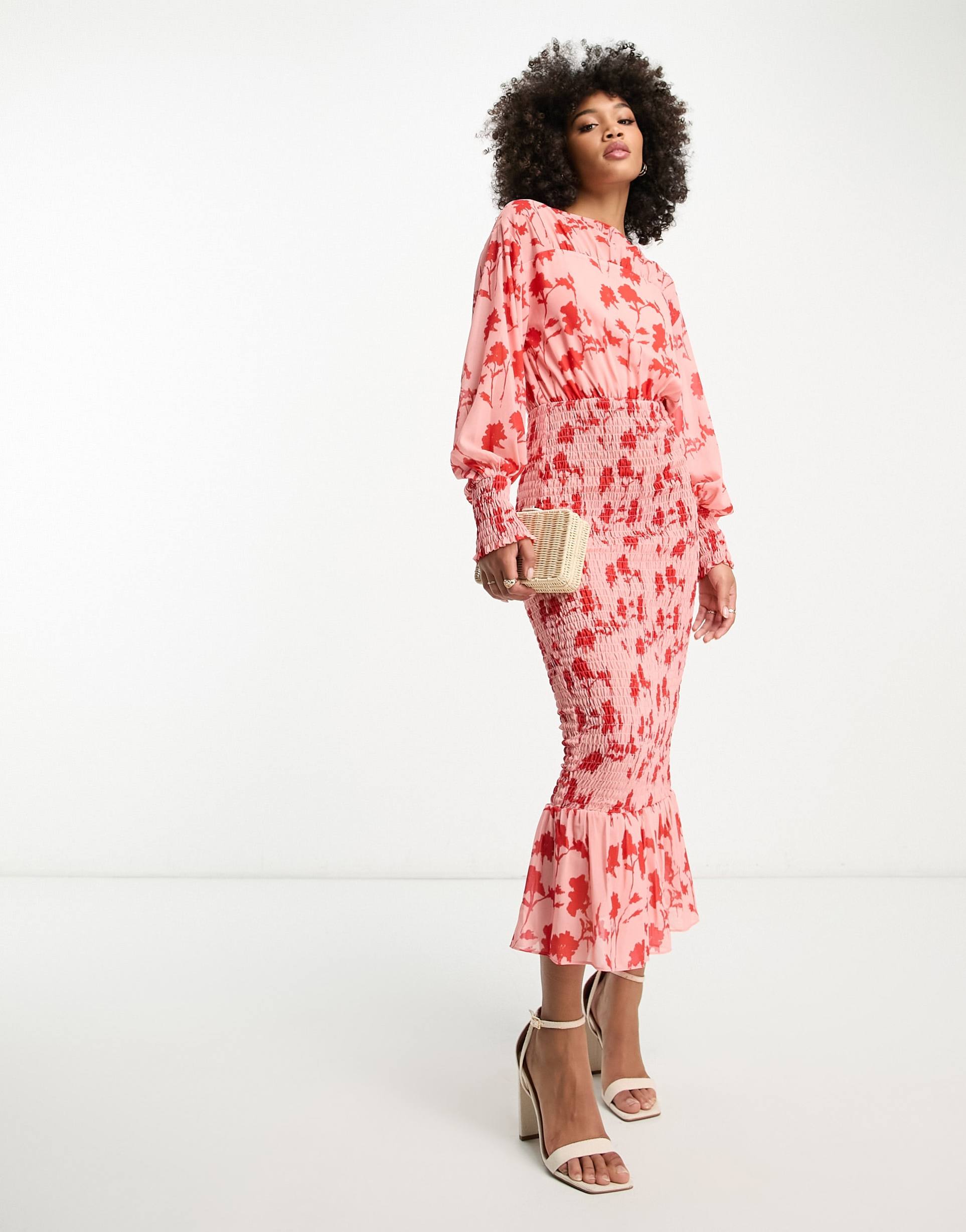 pretty lavish shirred maxi dress in pink and red floral
