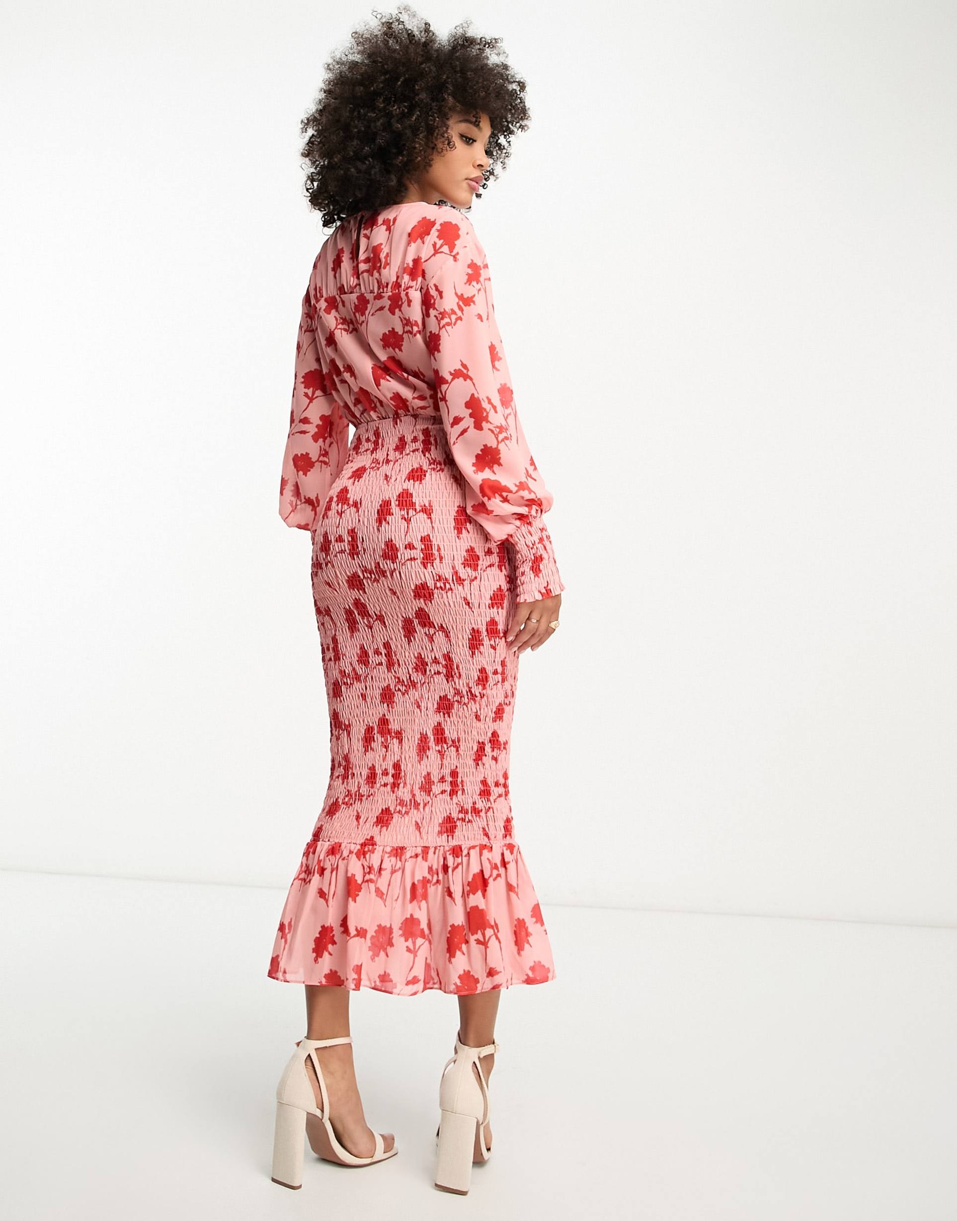 pretty lavish shirred maxi dress in pink and red floral