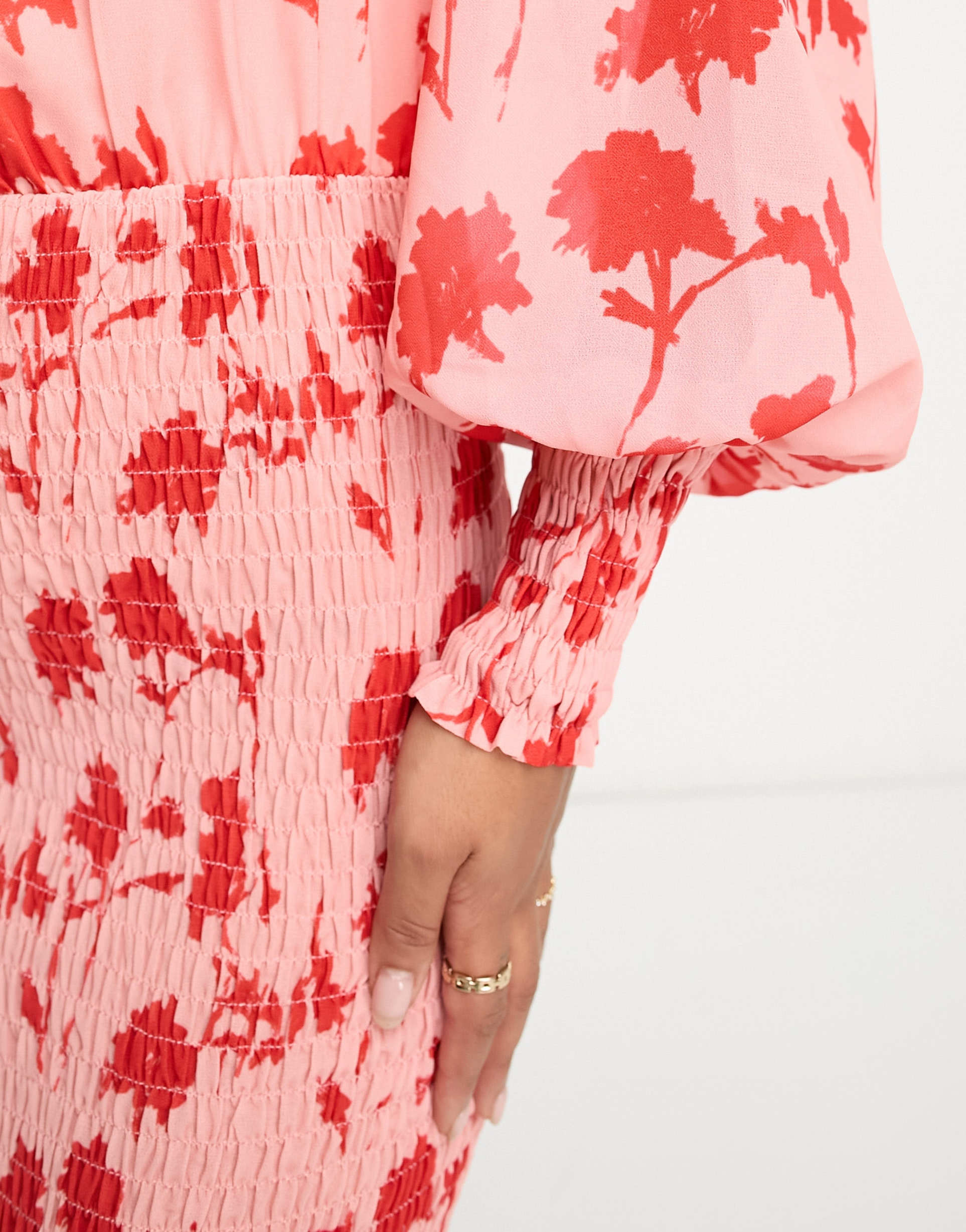 pretty lavish shirred maxi dress in pink and red floral