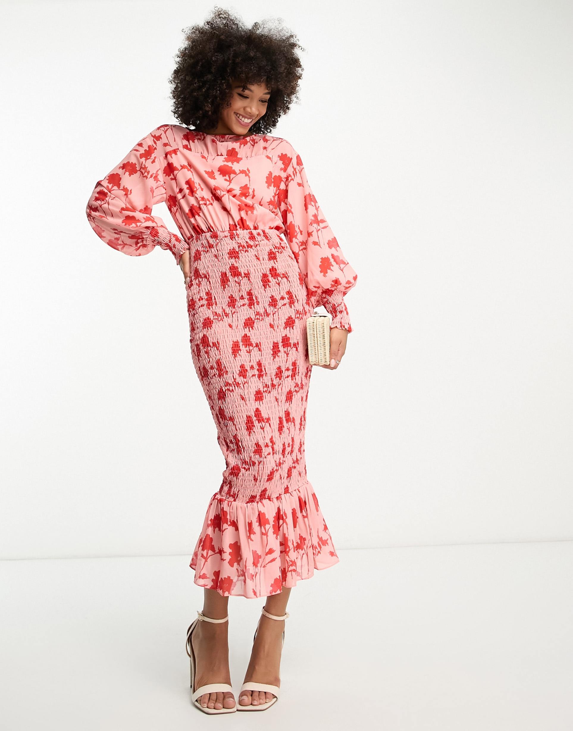 pretty lavish shirred maxi dress in pink and red floral