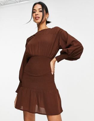 Pretty Lavish shirred mini dress in chocolate brown - ASOS Price Checker