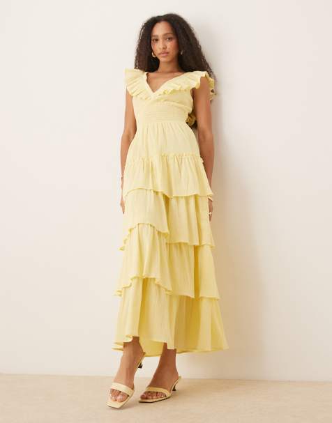 Pretty Lavish shirred ruffle maxi dress in lemon - view 1