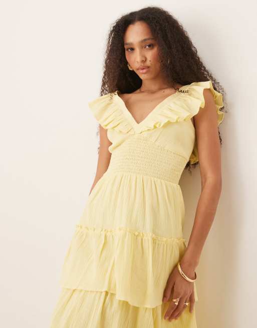 Pretty Lavish shirred ruffle maxi dress in lemon, 3 of 4