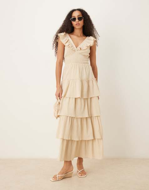 Pretty Lavish shirred ruffle maxi dress in sand - view 1