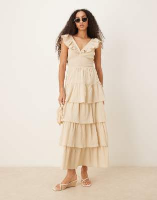 pretty lavish shirred ruffle maxi dress in sand