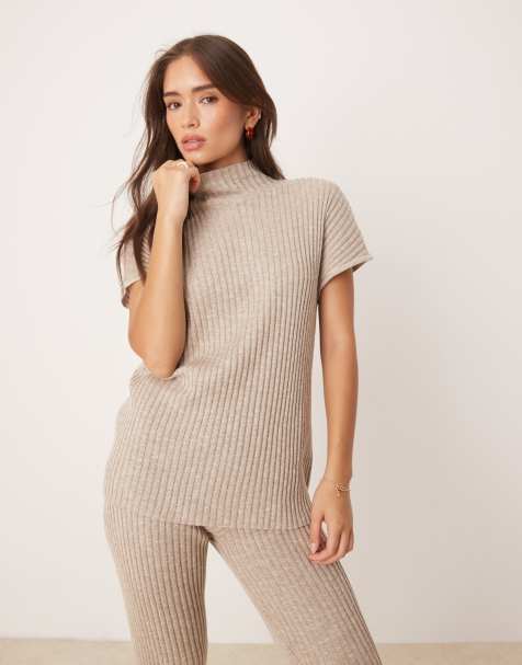 Pretty Lavish short sleeve knit top in beige (part of a set) - view 1