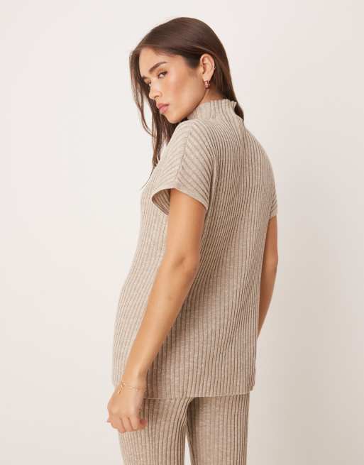 Pretty Lavish short sleeve knit top in beige - part of a set, 3 of 4