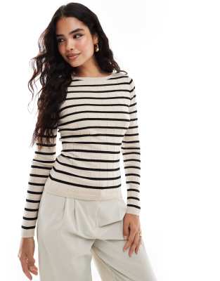 slash neck knit top in cream stripe-White