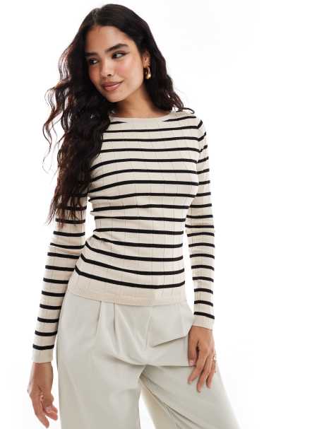 Pretty Lavish slash neck knit top in cream stripe - view 1