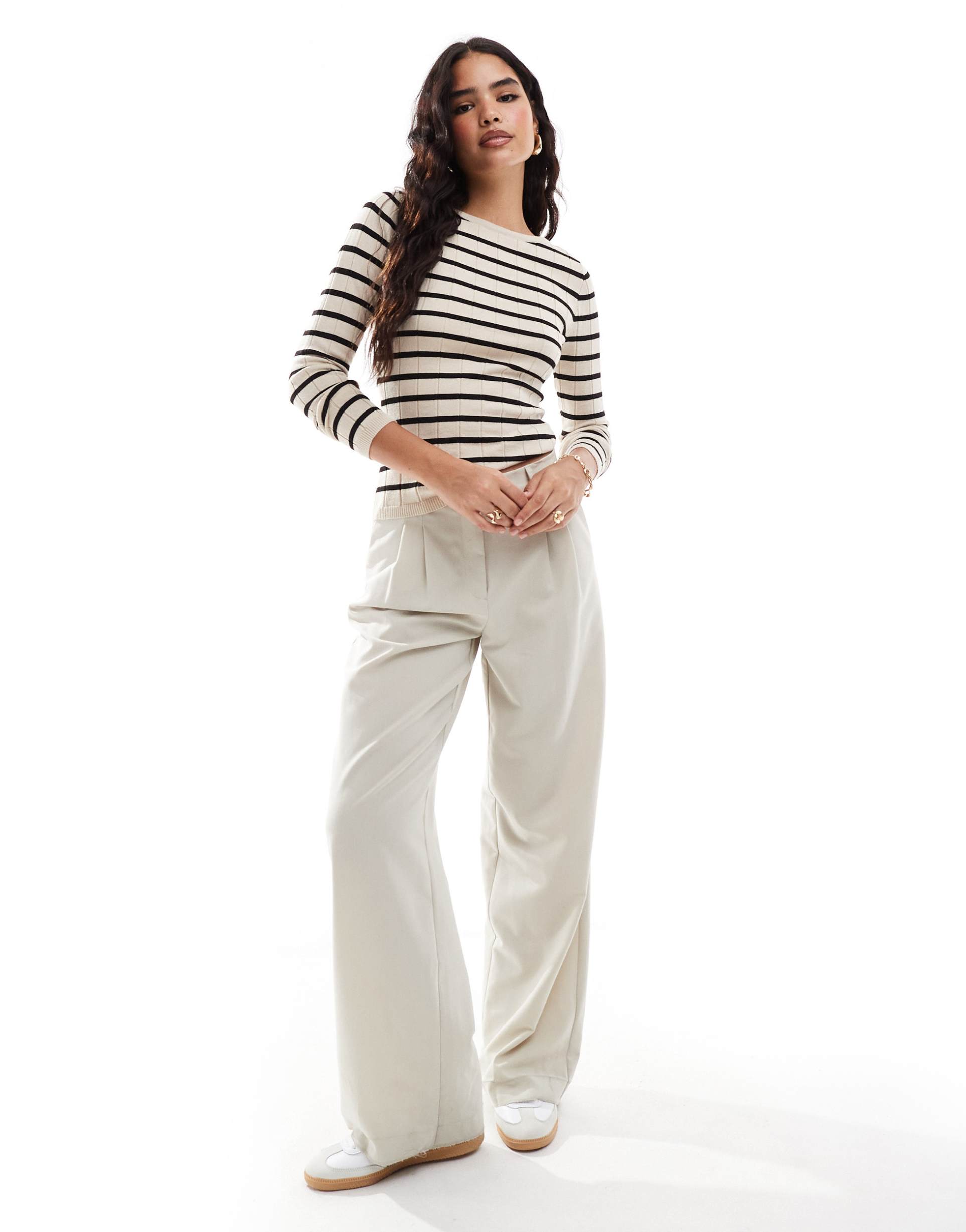pretty lavish slash neck knit top in cream stripe