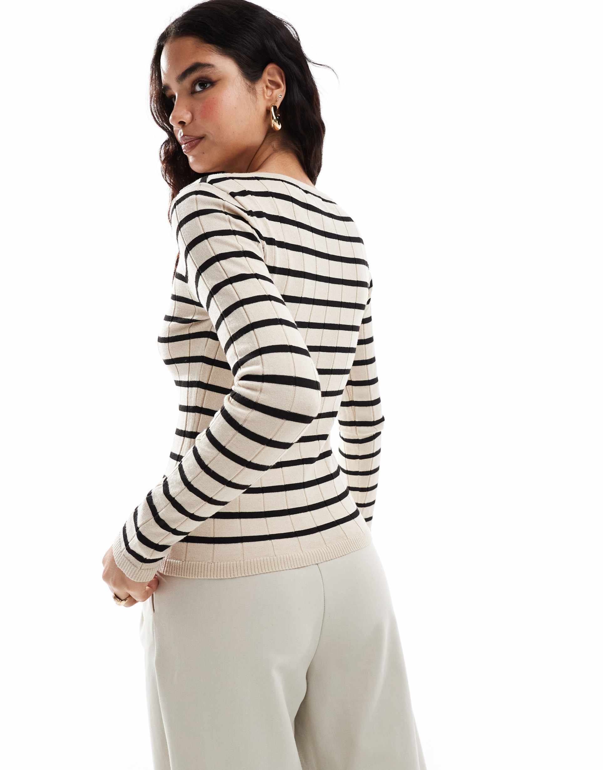 pretty lavish slash neck knit top in cream stripe