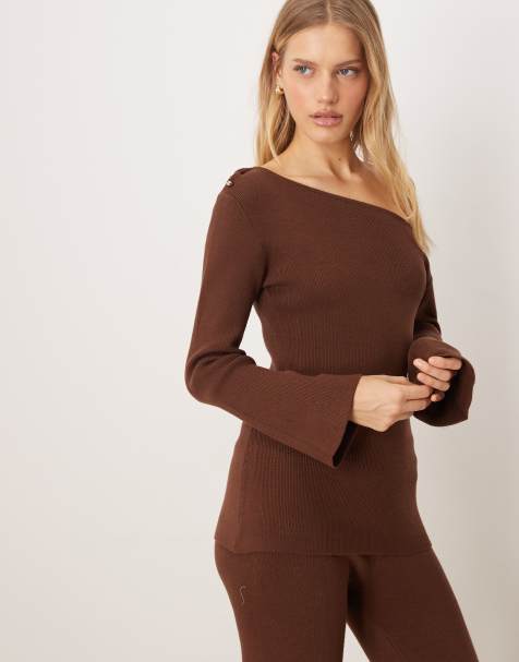 Pretty Lavish slash neck longline knit top in brown - part of a set - view 1