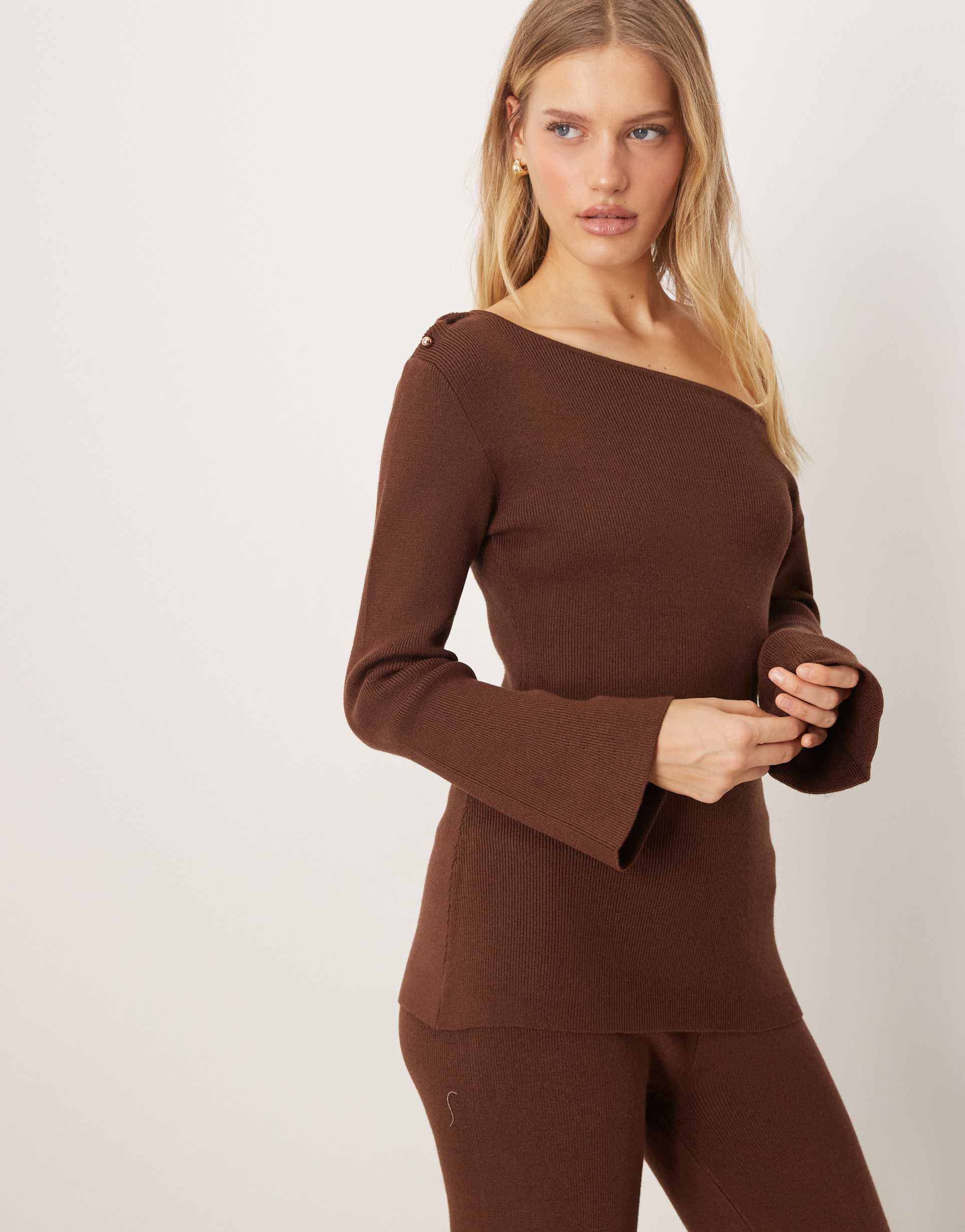 pretty lavish slash neck longline knit top in brown - part of a set