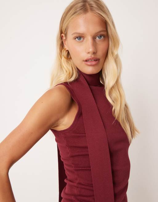 Pretty Lavish sleeveless high neck scarf knit top in burgundy, 4 of 4