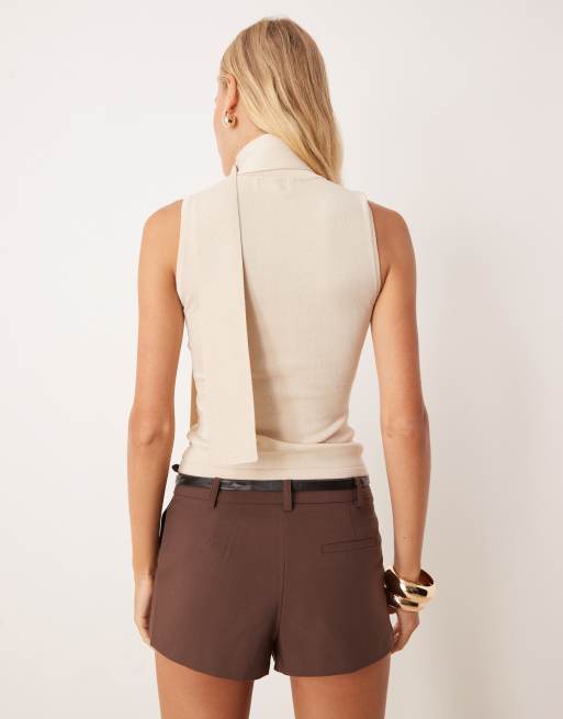 Pretty Lavish sleeveless high neck scarf knit top in cream, 3 of 4