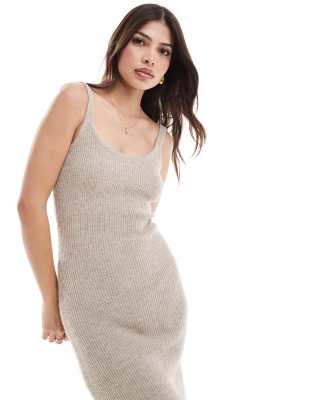 pretty lavish slim fit knit midaxi dress in taupe - part of a set