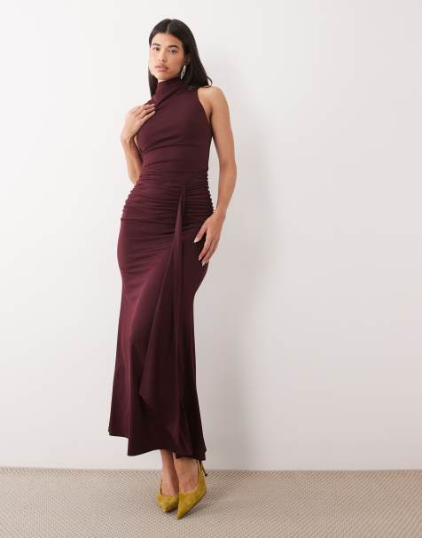 Pretty Lavish slinky high neck tie front ruched maxi dress in deep burgundy - view 1