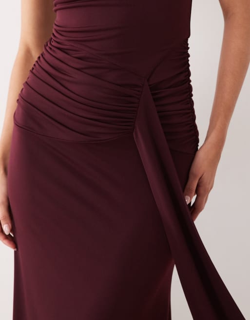Pretty Lavish slinky high neck tie front ruched maxi dress in deep burgundy, 2 of 4