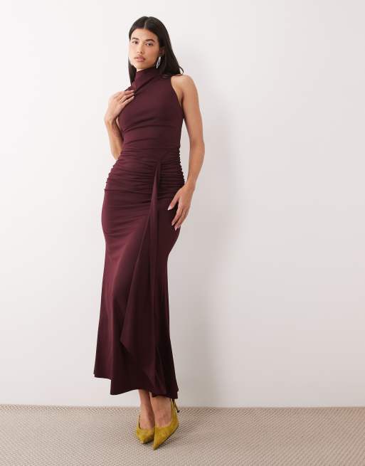 Pretty Lavish slinky high neck tie front ruched maxi dress in deep burgundy, 3 of 4