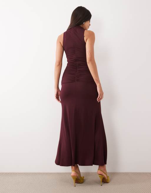 Pretty Lavish slinky high neck tie front ruched maxi dress in deep burgundy, 4 of 4