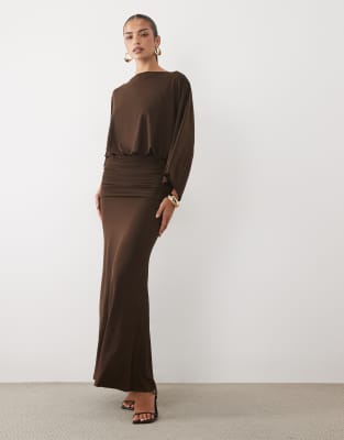 Pretty Lavish Slinky Slash Neck Batwing Sleeve Draped Maxi Dress In Brown