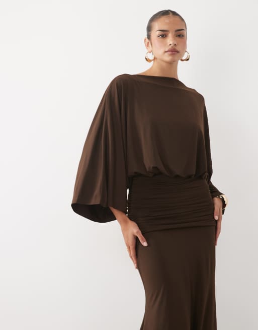 Pretty Lavish slinky slash neck batwing sleeve draped maxi dress in chocolate, 3 of 4