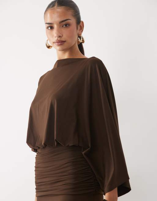 Pretty Lavish slinky slash neck batwing sleeve draped maxi dress in chocolate, 4 of 4