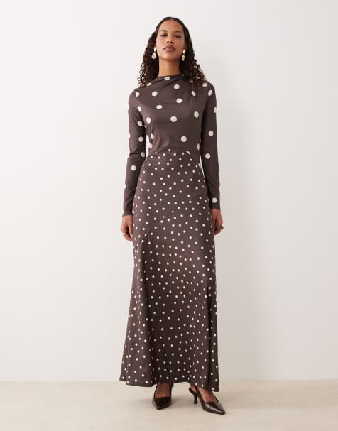 Pretty Lavish slinky spliced printed long sleeved maxi dress in brown polka dot - view 1