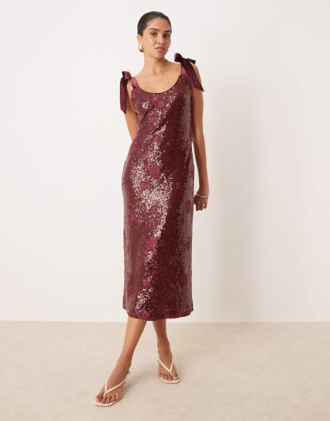 Pretty Lavish bow shoulder embellished midaxi dress in plum floral sequin