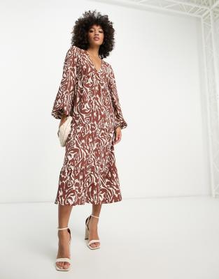 Pretty Lavish Smock Midaxi Dress In Brown Abstract Zebra Print