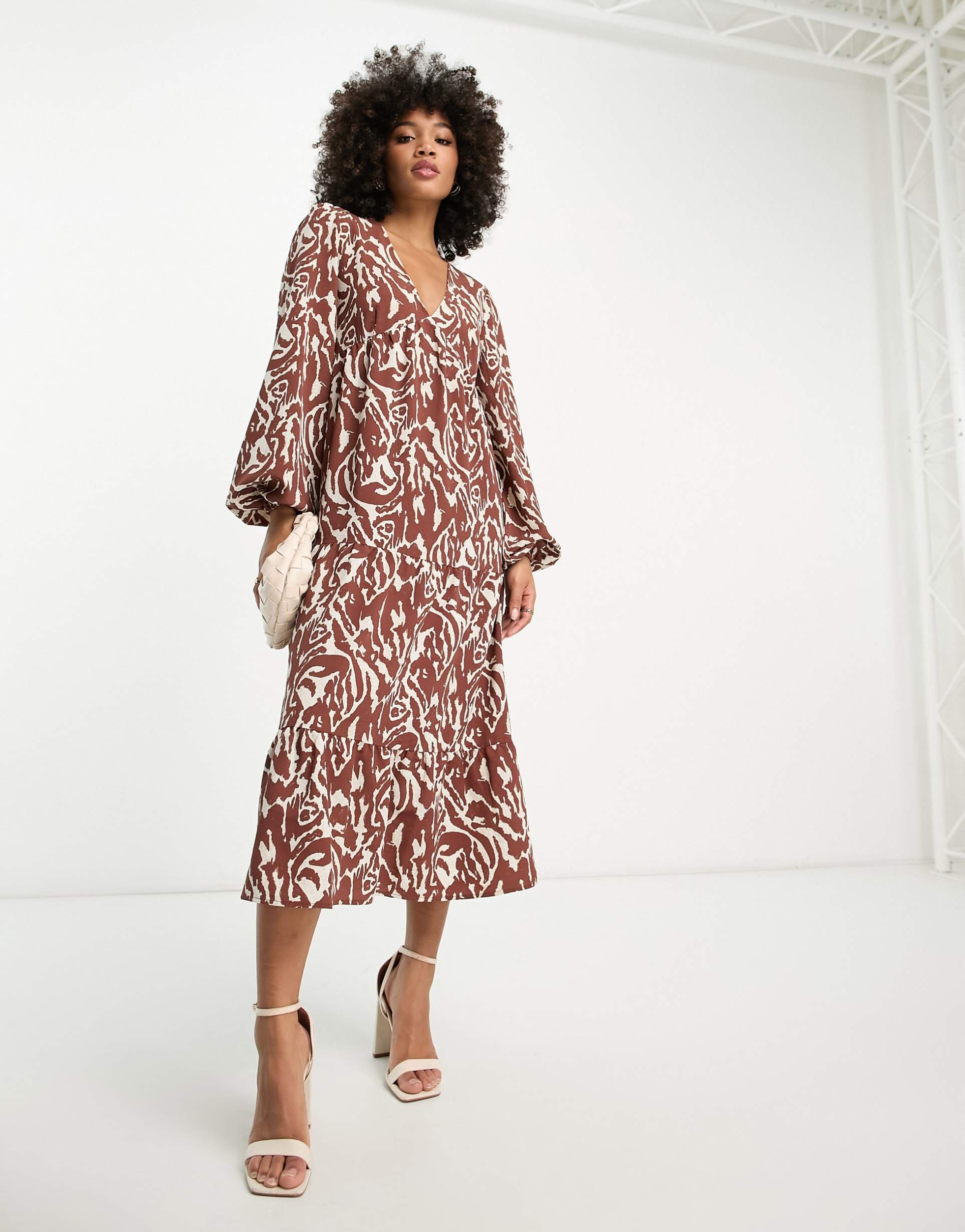 pretty lavish smock midaxi dress in brown abstract zebra print