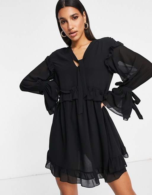 Pretty Lavish smock mini dress with ruffle and tie detail in black
