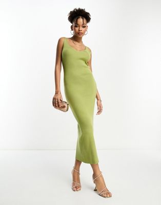 Pretty Lavish soft ribbed knitted midaxi dress in olive