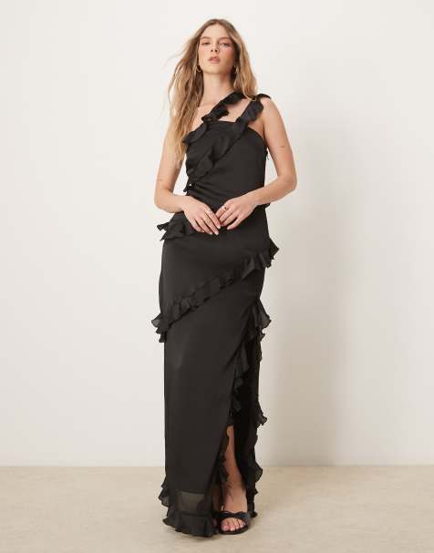 Pretty Lavish - Sort asymmetrisk oneshoulder-maxikjole med flæser - view 1