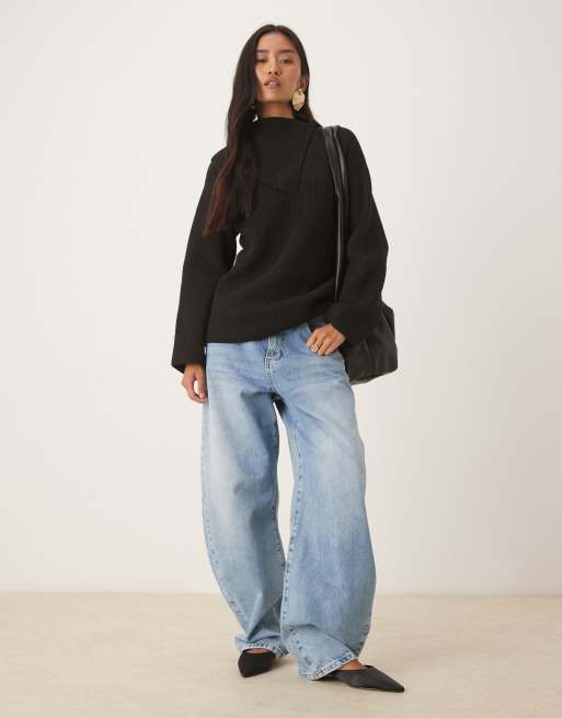 Pretty Lavish split collar oversized knit sweater in black | ASOS