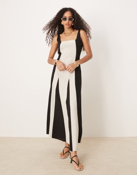 Pretty Lavish square neck contrast linen maxi dress in cream and black - view 1