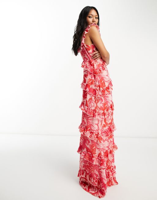 Pretty Lavish square neck ruffle maxi dress in red and pink floral