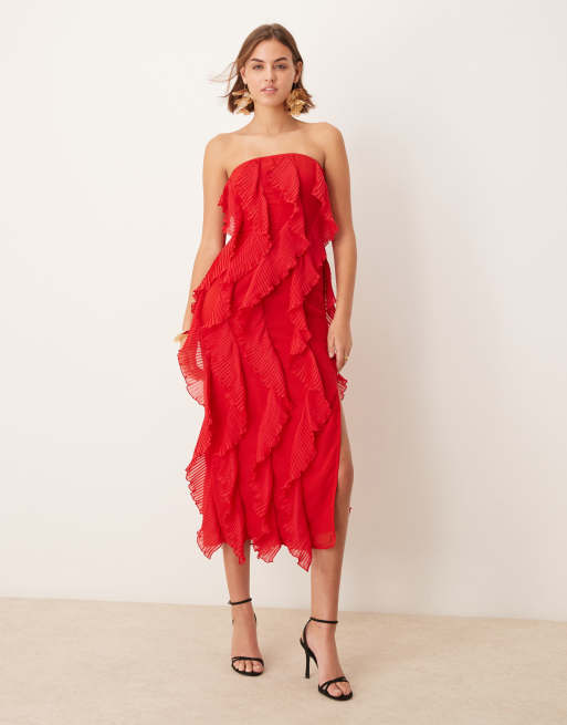 Pretty Lavish - Strapless maxi jurk met ruches in rood
