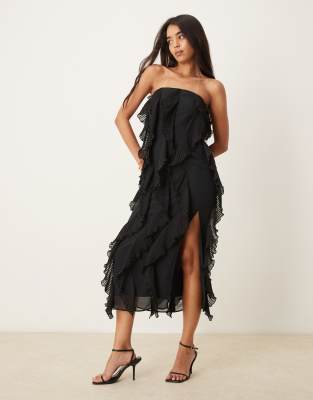 strapless ruffle maxi dress in black