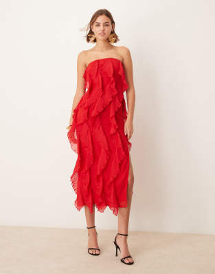 strapless ruffle maxi dress in red