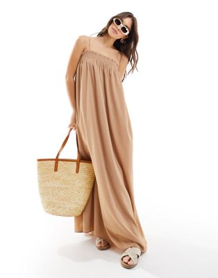 Pretty Lavish Strappy Oversized Midaxi Dress In Biscuit-neutral In Brown