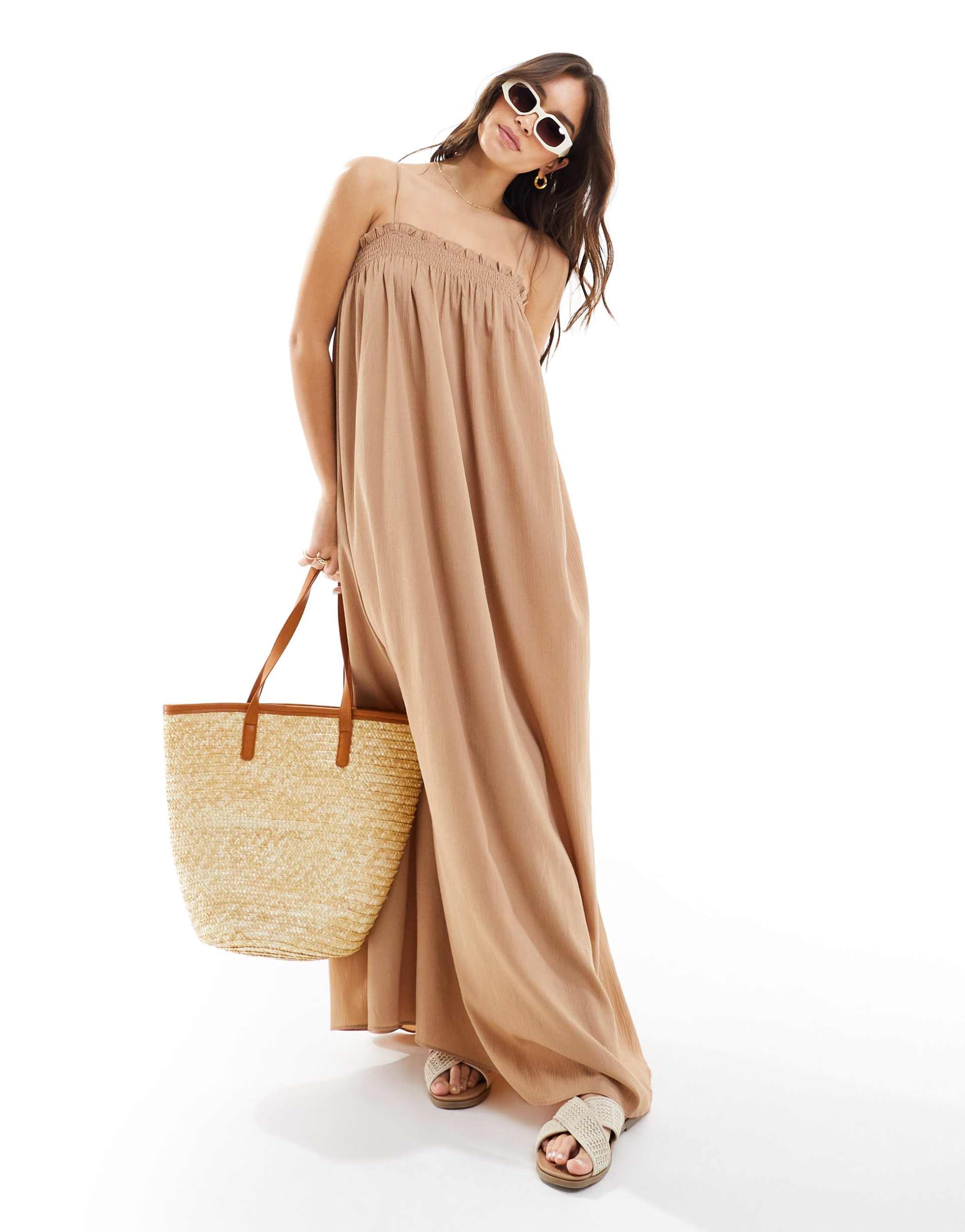 pretty lavish strappy oversized midaxi dress in biscuit