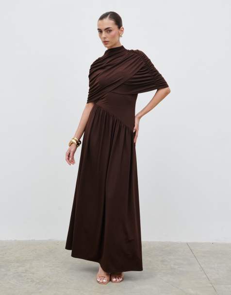 Pretty Lavish stretch draped wrap maxi dress in brown