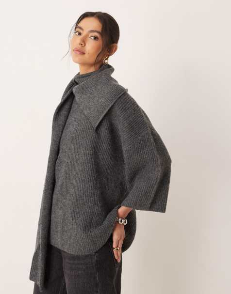 Pretty Lavish – Strickpullover in Anthrazit mit weiten Ärmeln und Schal - view 1