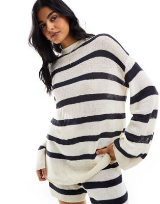 Pretty Lavish stripe knit jumper co-ord in cream and navy