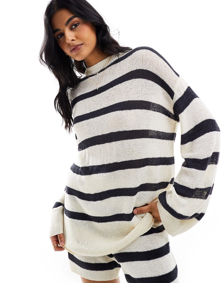 Pretty Lavish stripe knit jumper co-ord in cream and navy-White