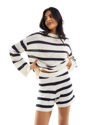 Pretty Lavish Pretty Lavish stripe knit shorts co-ord in cream and navy-White
