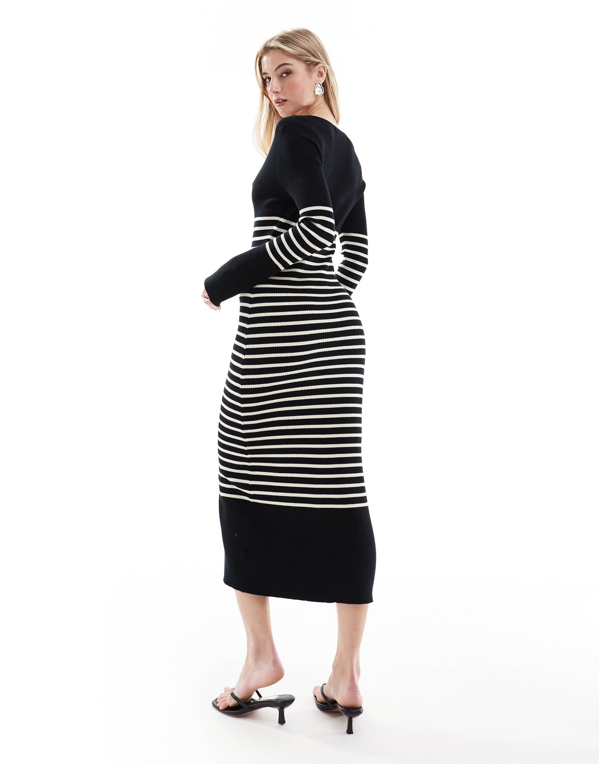 pretty lavish striped knit midi dress in black and white