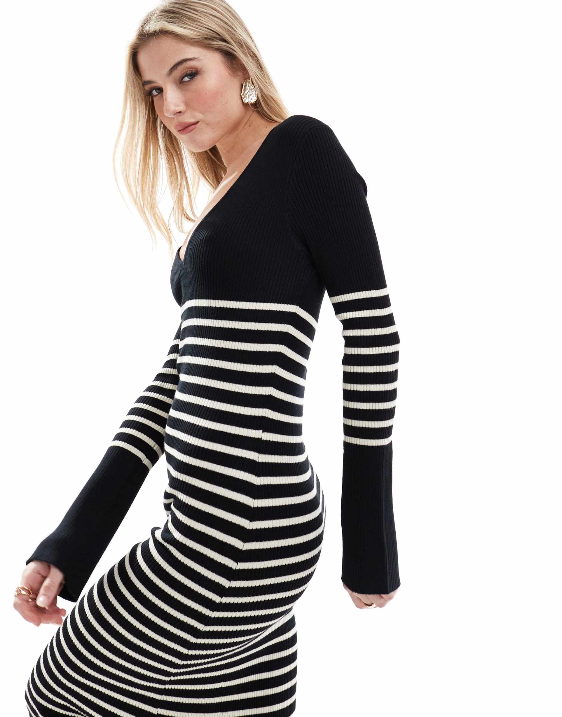 pretty lavish striped knit midi dress in black and white