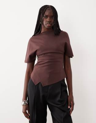 Pretty Lavish Structured Jersey Pleat Detail Top In Brown